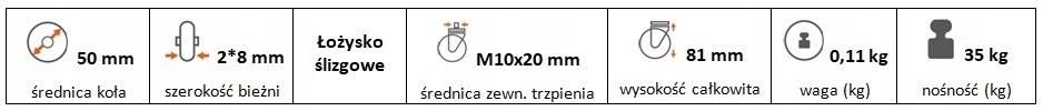 Zestaw kołowy skrętny 50 mm M10x20 trzpień hamulec