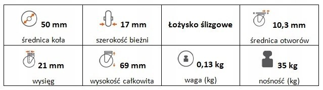 Zestaw kołowy skrętny 50 mm nośn 35kg otwór 10,3