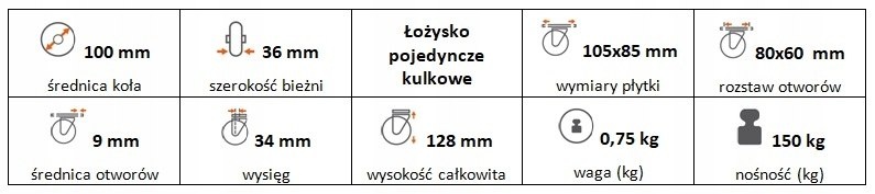Zestaw kołowy skrętny z hamulcem 100 mm