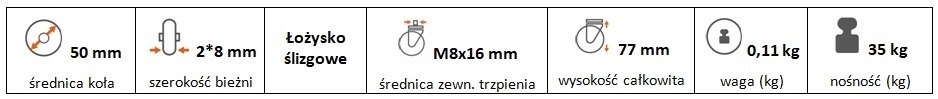 Zestaw kołowy skrętny 50 mm M8x16 trzpień hamulec
