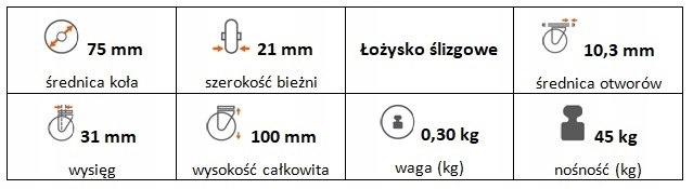 Zestaw kołowy skrętny 75 mm nośn 45kg otwór 10,3