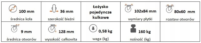 Zestaw kołowy stały 100 mm nośność 160 kg
