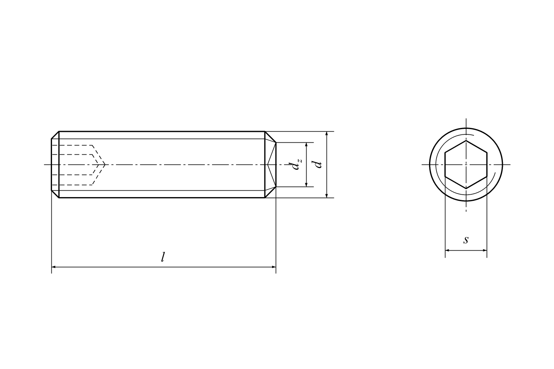 Rysunek techniczny DIN 916 / ISO 4029 — d, d_z, l, s