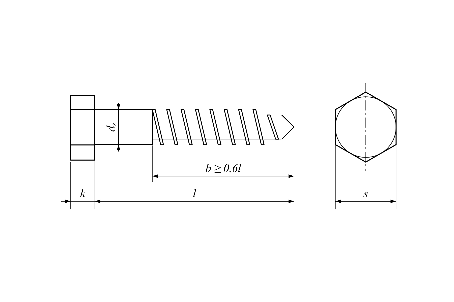 Rysunek techniczny DIN 571 — d_s, k, b, l, s