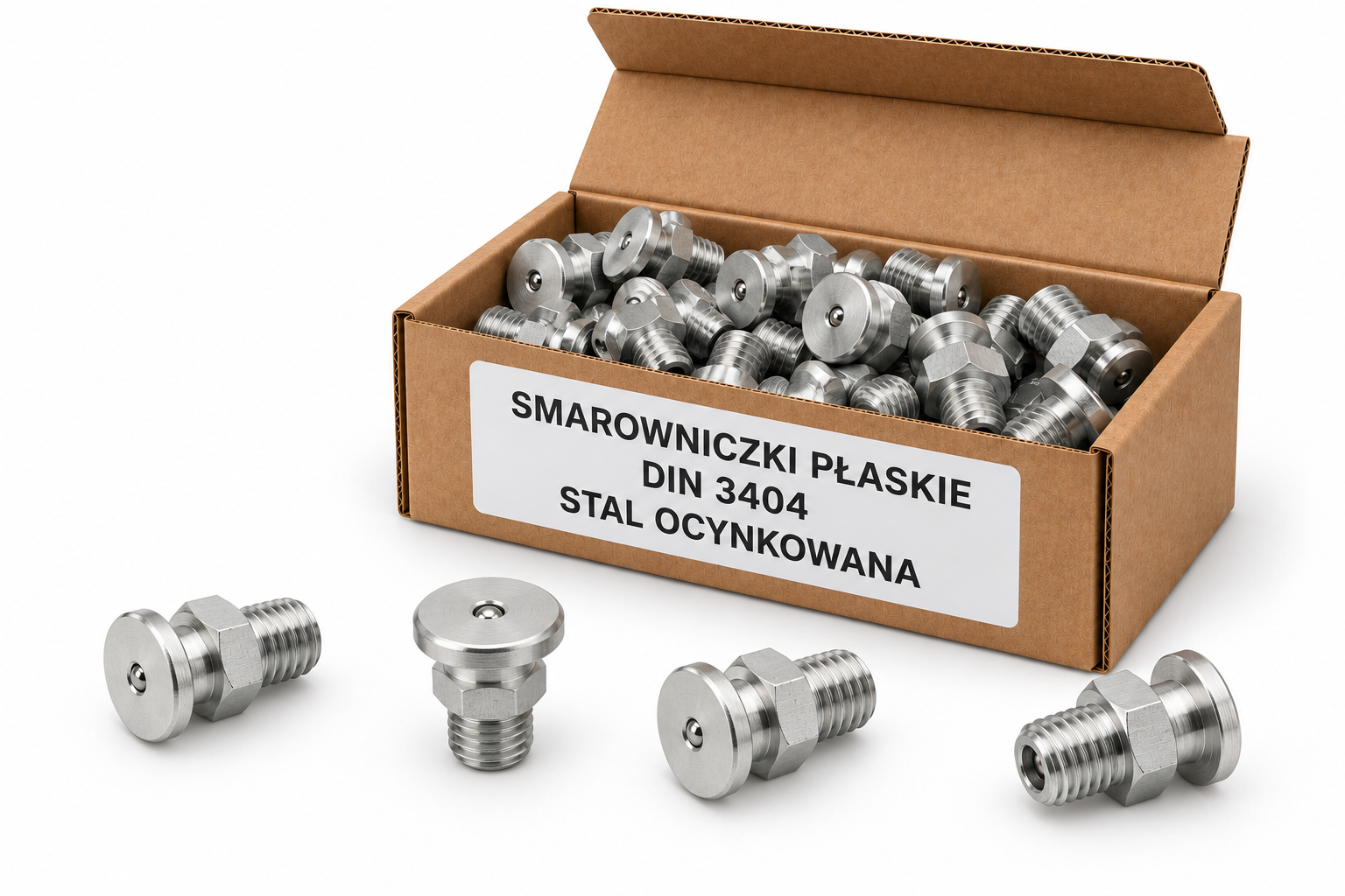 Smarowniczki płaskie DIN 3404 ze stali ocynkowanej w kartoniku