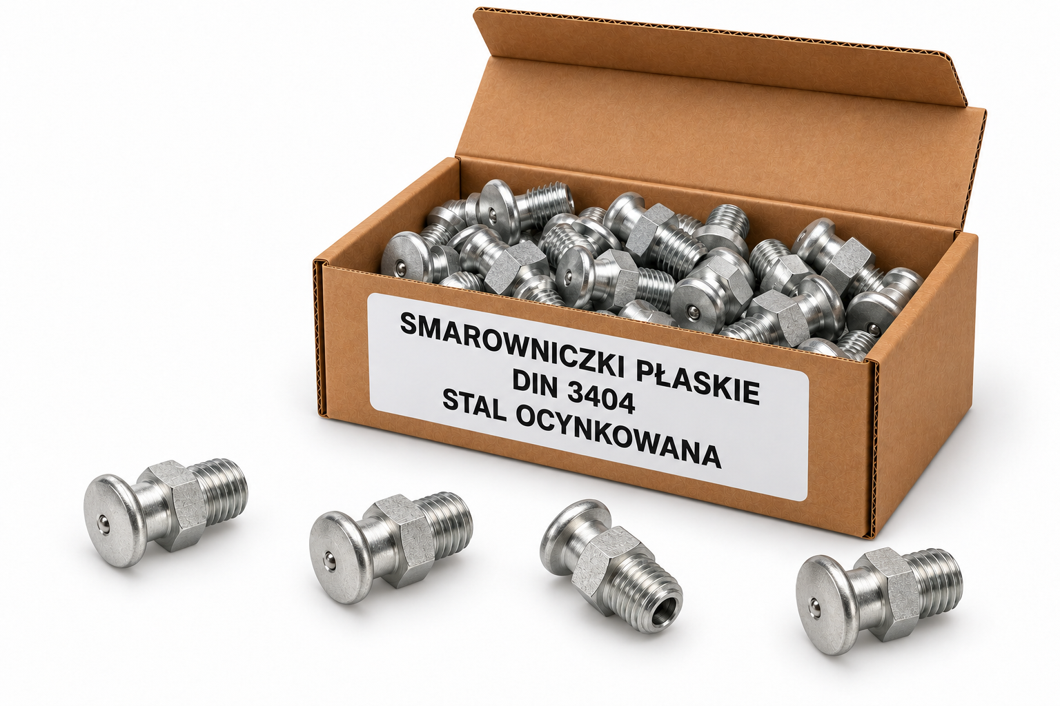 Smarowniczki płaskie DIN 3404 ze stali ocynkowanej w kartoniku