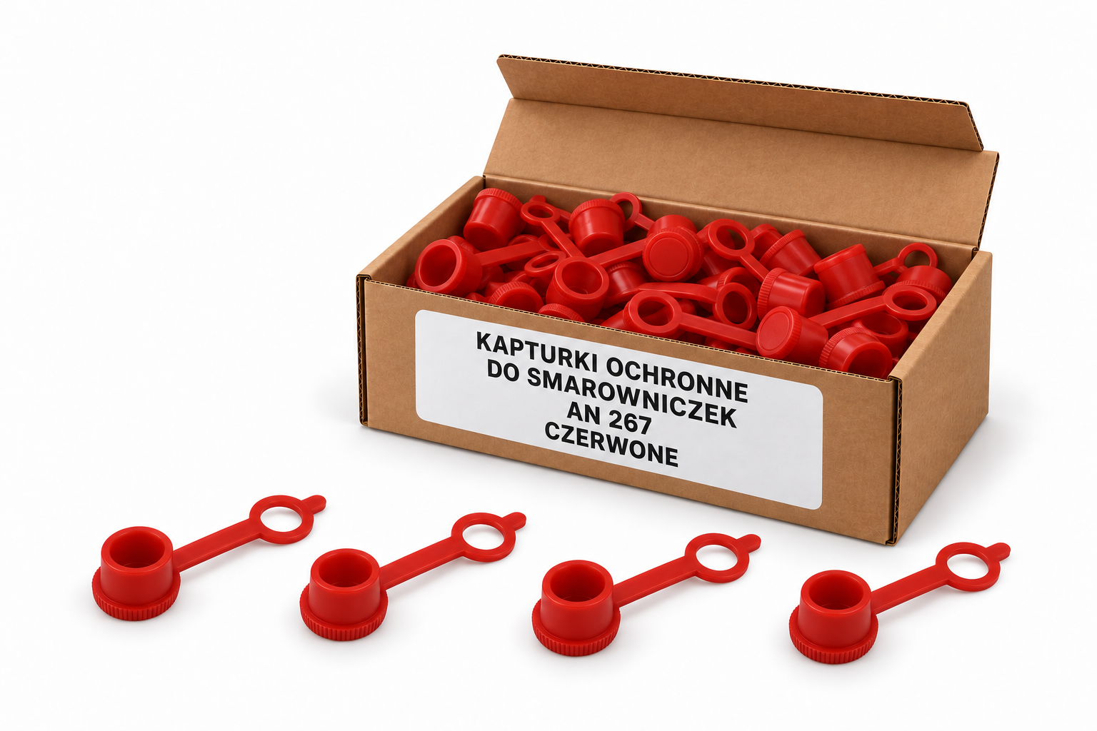 Czerwone kapturki ochronne w kartonowym opakowaniu