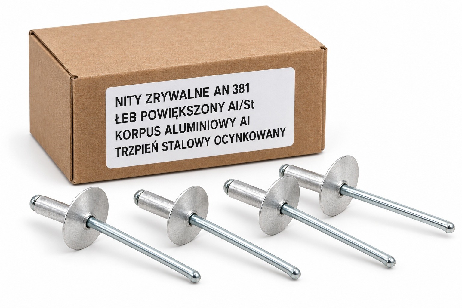 Nity AN 381 z łbem powiększonym Al/St — wizualizacja opakowania