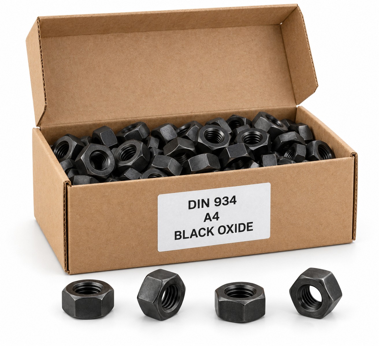 Nakrętki DIN 934 A4 Black Oxide w otwartym kartoniku — ilustracja