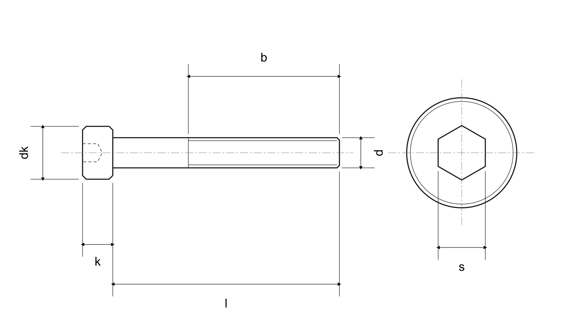 Własny schemat śruby DIN 912: d, dk, k, l, s, b — ilustracja katalogowa