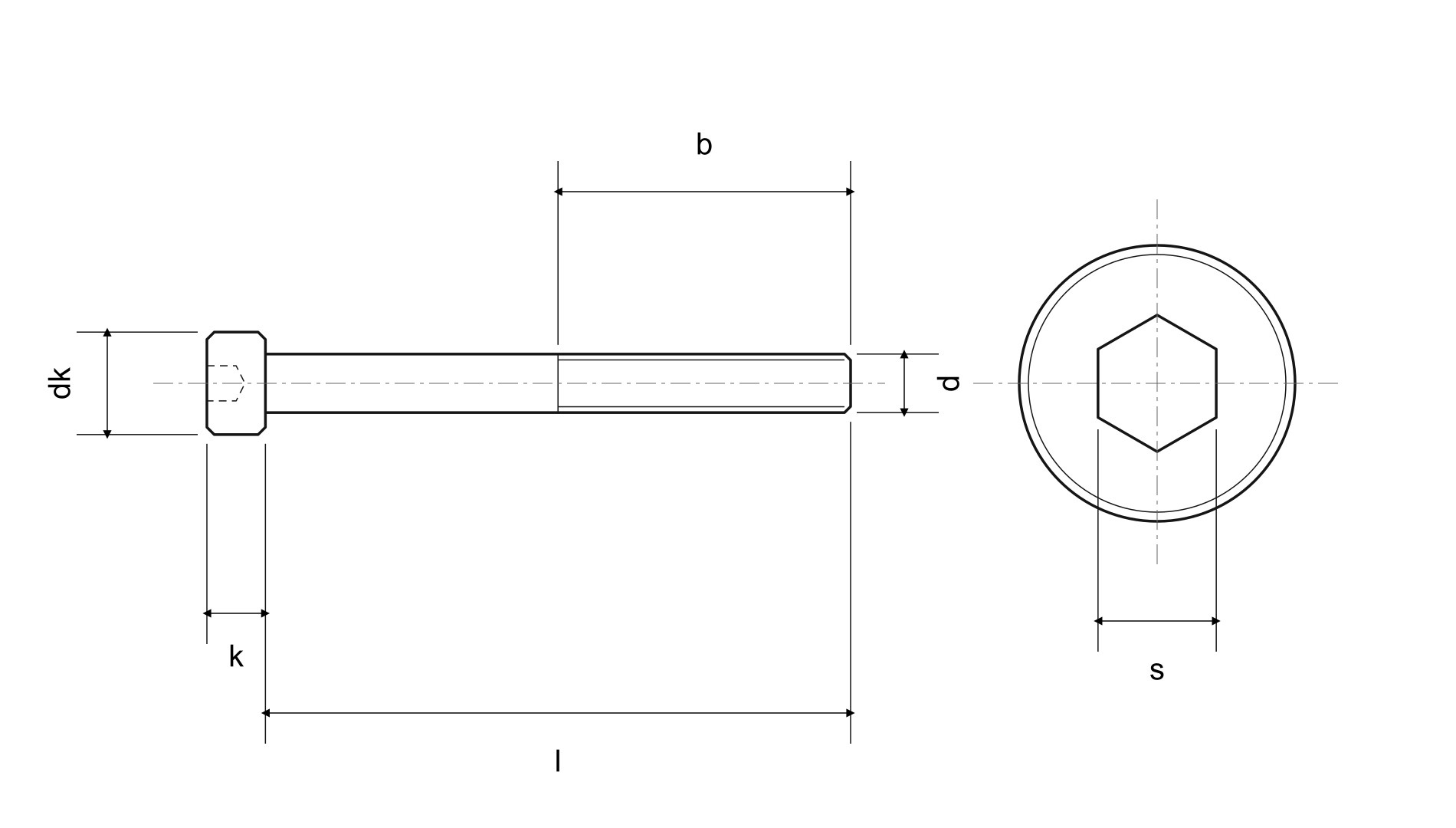 Własny schemat śruby DIN 912: d, dk, k, l, s, b — ilustracja katalogowa
