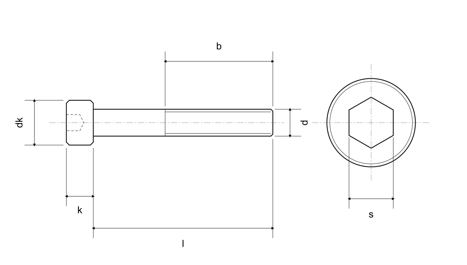 Własny schemat śruby DIN 912: d, dk, k, l, s, b — ilustracja katalogowa