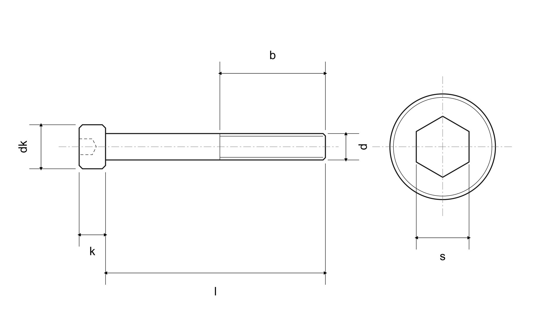 Własny schemat śruby DIN 912: d, dk, k, l, s, b — ilustracja katalogowa