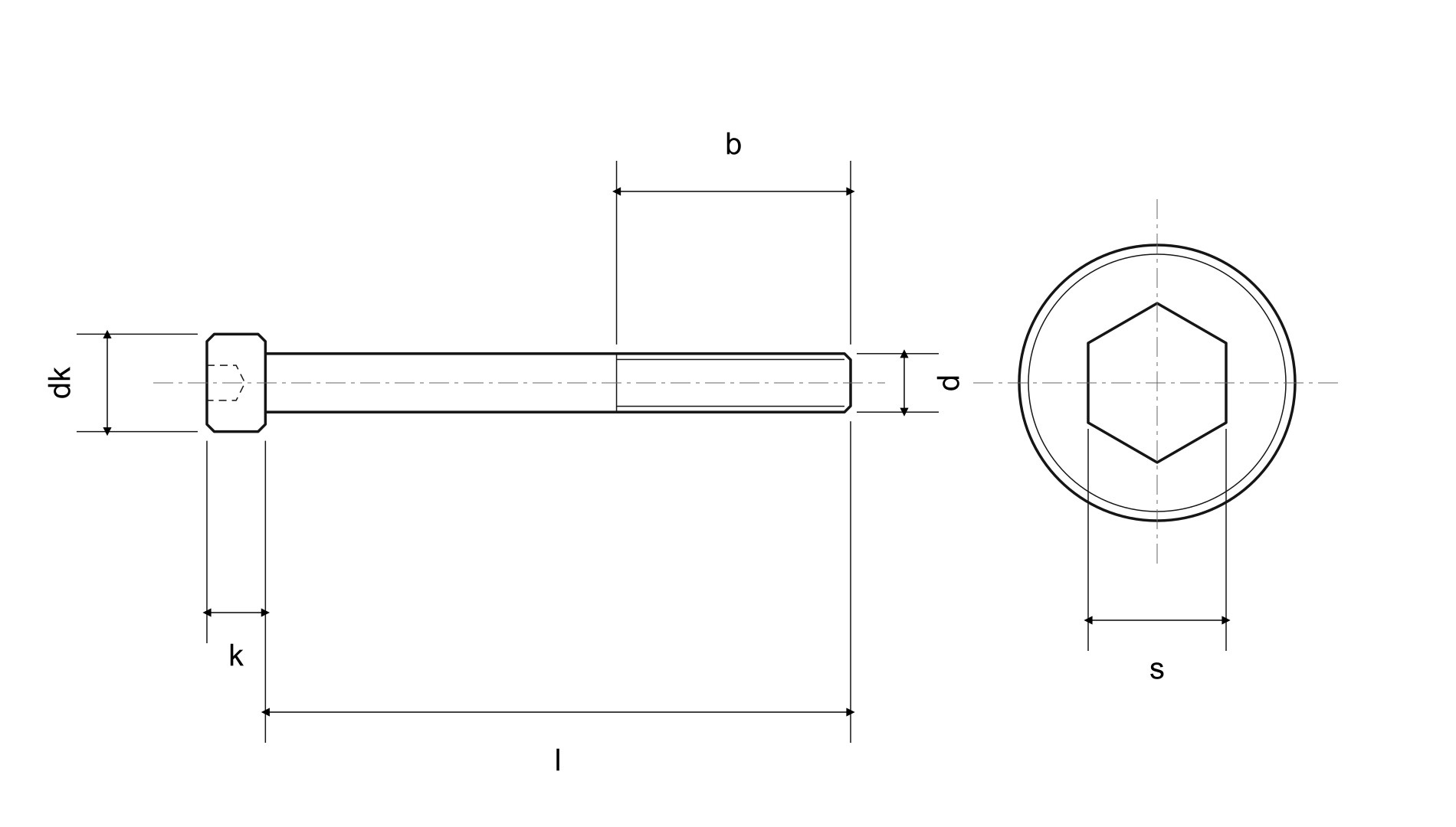 Własny schemat śruby DIN 912: d, dk, k, l, s, b — ilustracja katalogowa