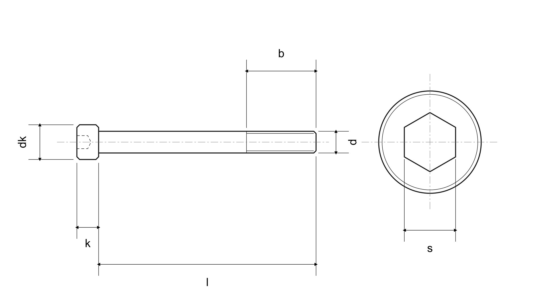 Własny schemat śruby DIN 912: d, dk, k, l, s, b — ilustracja katalogowa