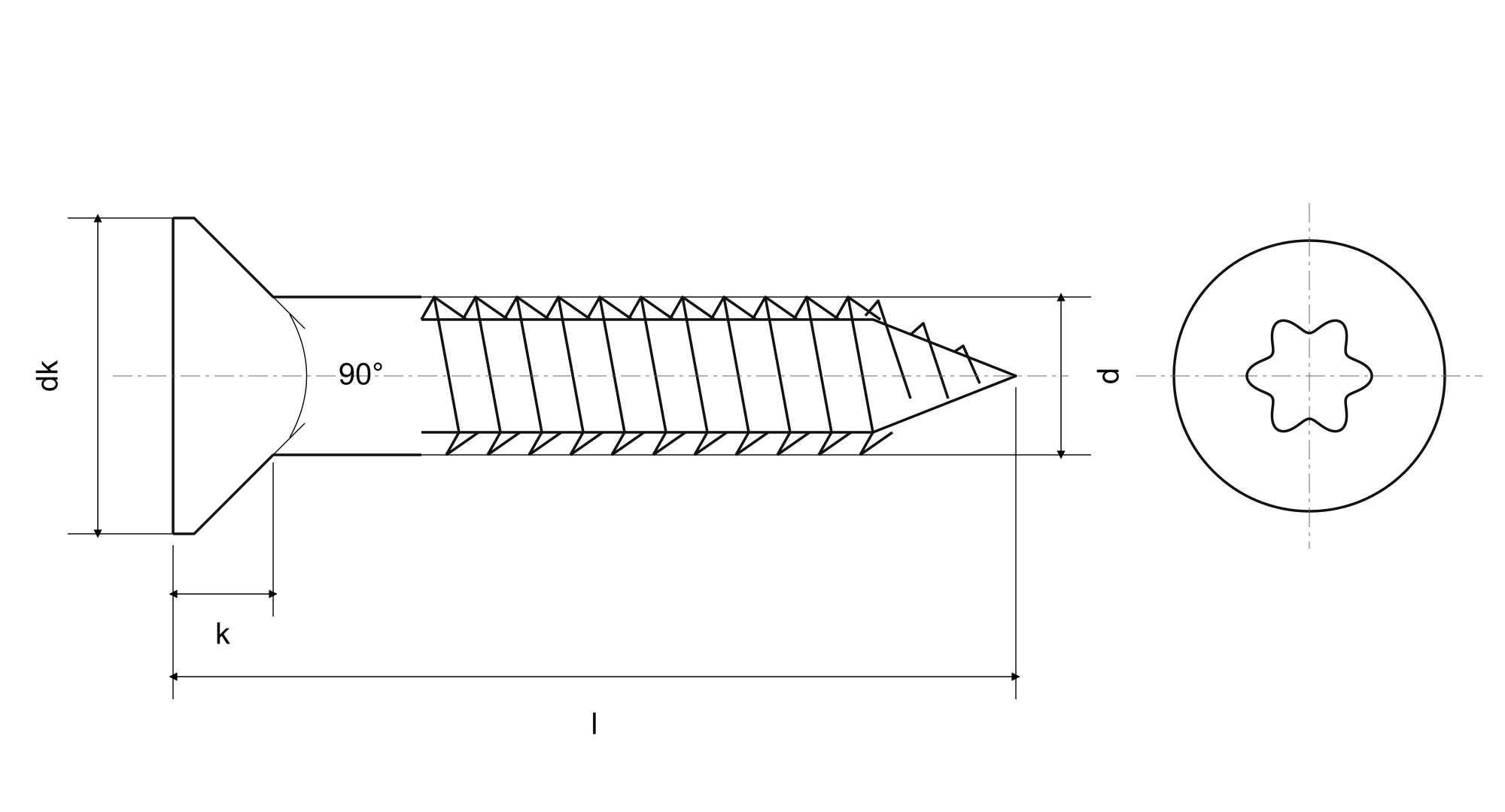 Własny schemat wkrętu do płyt: d, dk, k, l i90° — ilustracja rodziny
