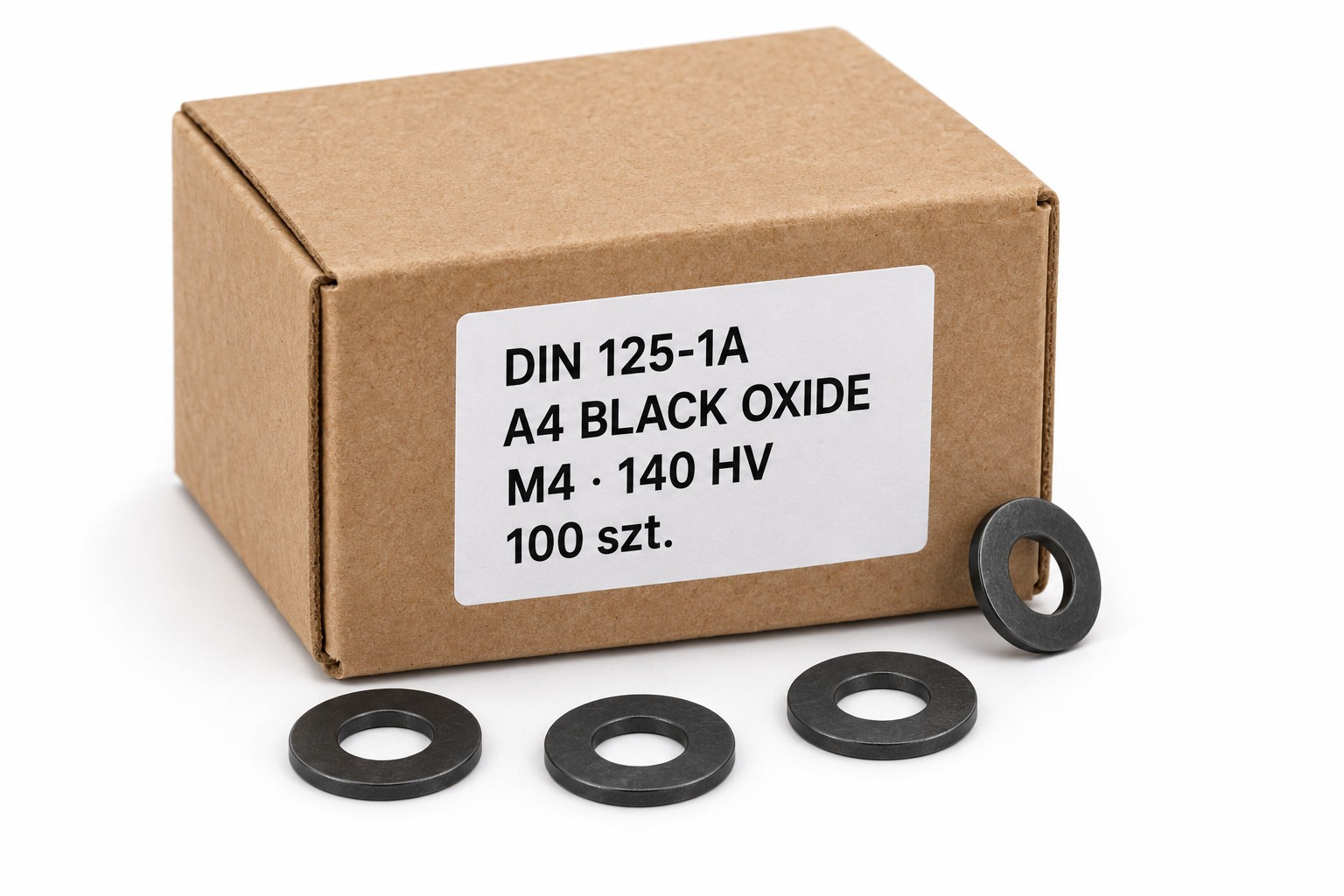 Pełne opakowanie podkładek M4 DIN 125-1A A4 Black Oxide — ilustracja kartonika