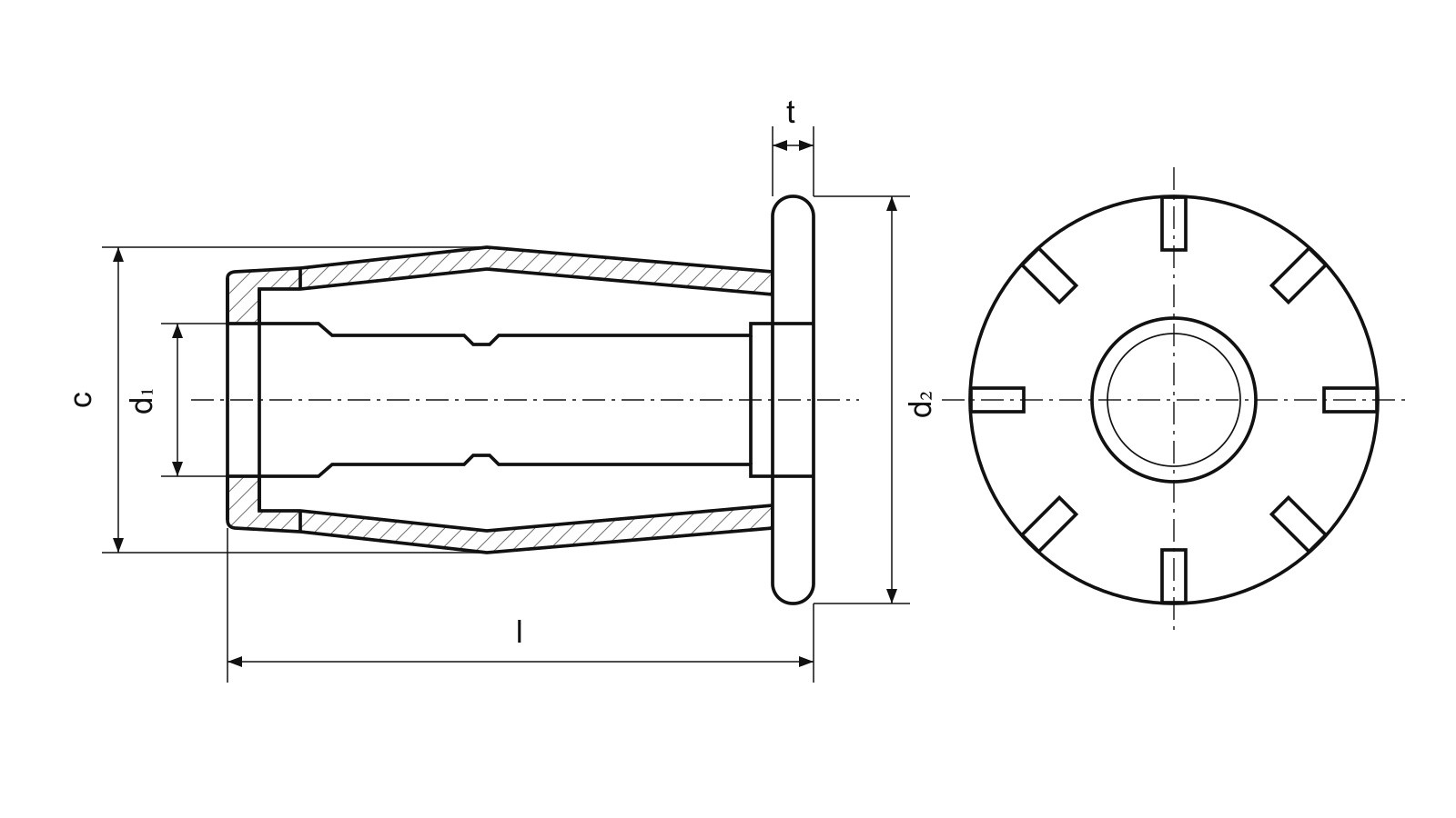 Jack Nut AN 247 — własny schemat odnośników wymiarowych d1, d2, l, c, t