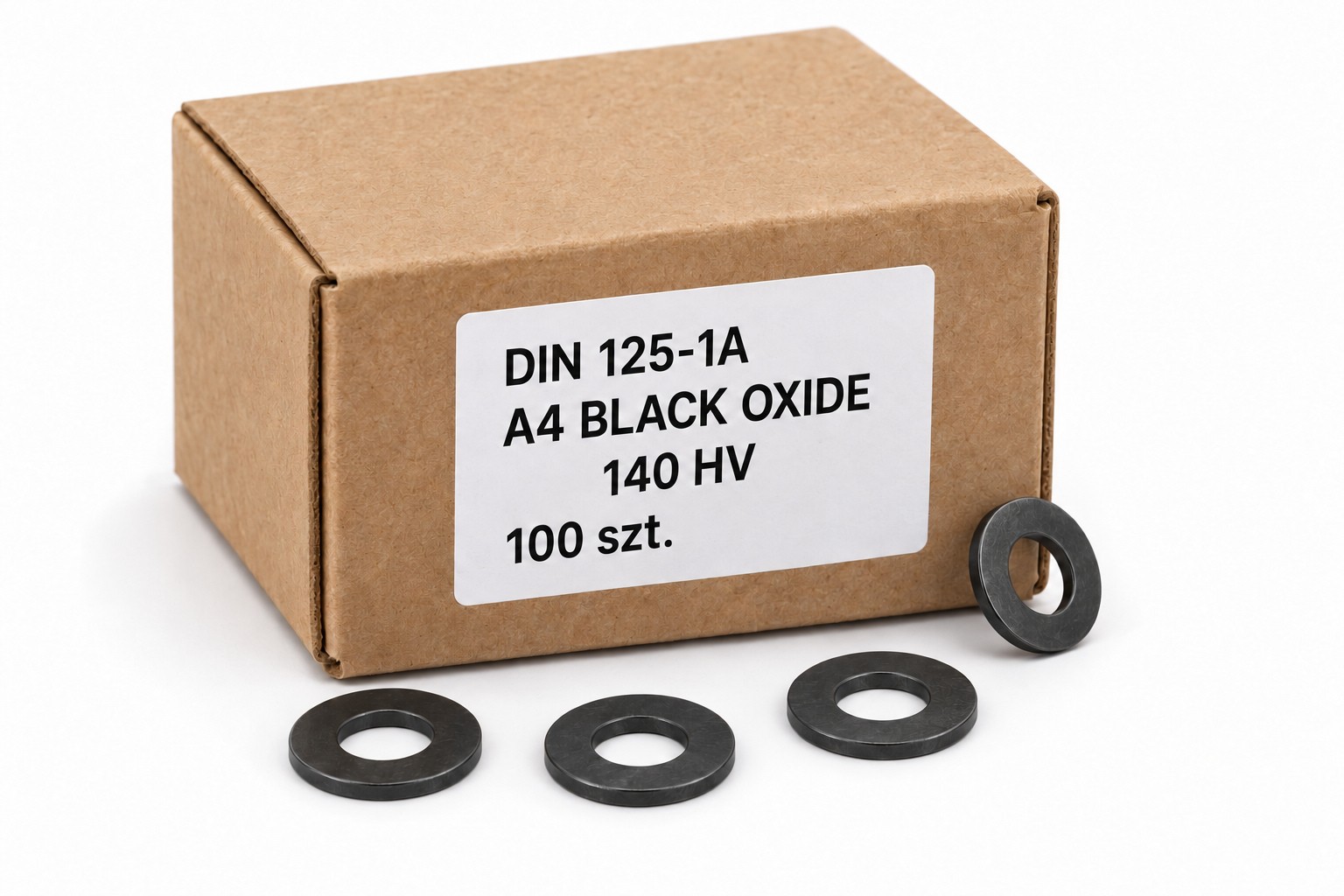Pełne opakowanie podkładek DIN 125-1A A4 Black Oxide — ilustracja kartonika rodziny