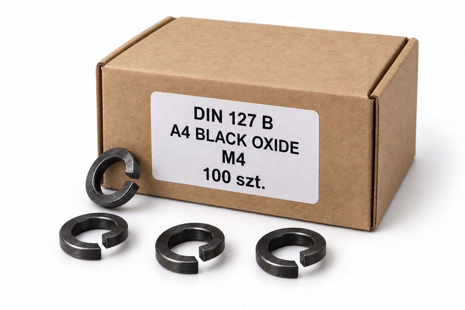 Podkładki sprężyste M4 DIN 127 B A4 Black Oxide, pełne opakowanie 100 sztuk — ilustracja kartonika