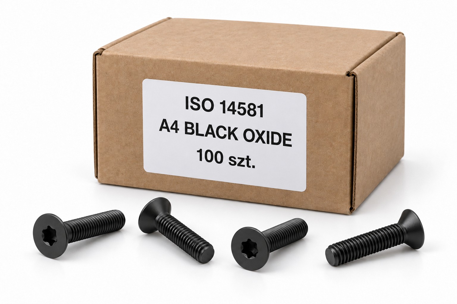 Pełne opakowanie 100 wkrętów ISO 14581 A4 Black Oxide — własna ilustracja rodziny