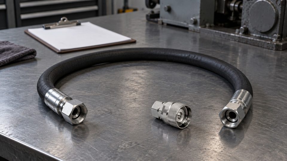 Przewód hydrauliczny z metalowymi końcówkami ułożony w łuk na stole warsztatowym; obok odłożone szybkozłącze i karta kontroli.