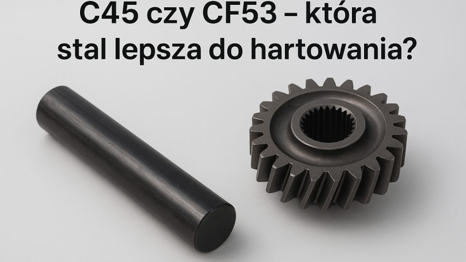 Pręt stalowy i koło zębate z tytułem poradnika o C45 i CF53 — ilustracja poglądowa.